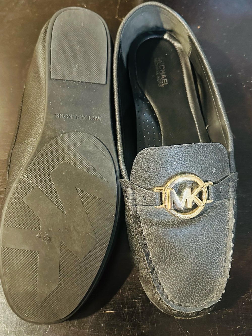 Michael Kors Black Leather Slip-On Loafers with Gold MK Emblem